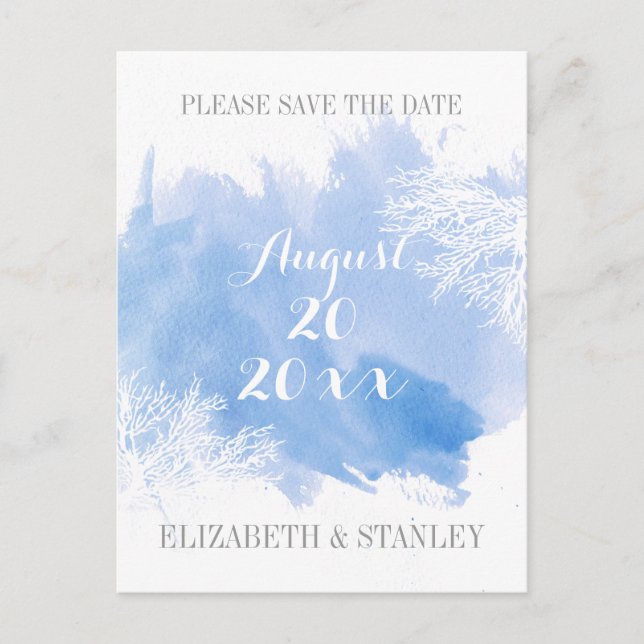 Blaue Hochzeit des Korallenriffs Wasserfarbe Datum Ankündigungspostkarte (Vorderseite)