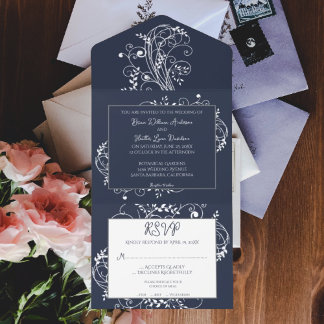 Blaue Hochzeit in Navy Blüh All In One Einladung