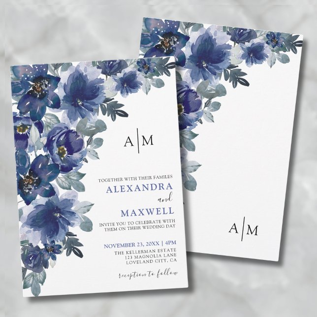 Blaue Hochzeit in Navy Elegant Moderne Blumenhochz Einladung (Navy Blue Elegant Modern Floral Wedding Invitation)