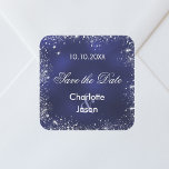 Blaue Hochzeit in Navy Silber Save the Date Quadratischer Aufkleber<br><div class="desc">Ein Save the Date Aufkleber für Ihre Hochzeit. Ein marineblauer blauer Hintergrund,  weißer Text. Die blaue Farbe ist ungleichmäßig. Dekoriert mit Imitaten silberne Glitzern. Personalisieren und fügen Sie Ihre Namen und Hochzeitsdatum.</div>