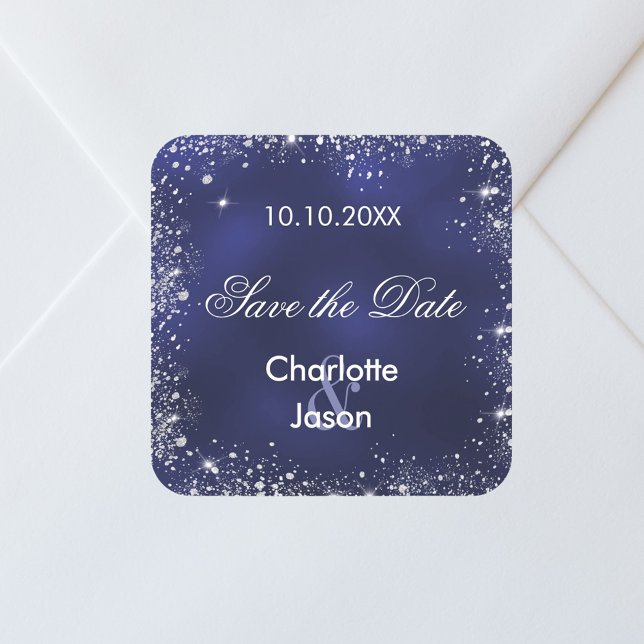 Blaue Hochzeit in Navy Silber Save the Date Quadratischer Aufkleber (Von Creator hochgeladen)