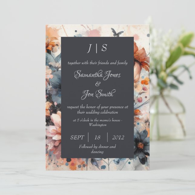 Blaue Hochzeit mit Blumen Einladung (Stehend Vorderseite)