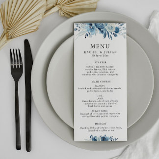 Blaue Hochzeit mit Blumen Menükarte