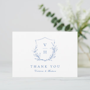 Blaue Hochzeit mit botanischem Wappen Dankeskarte