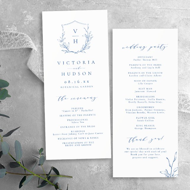 Blaue Hochzeit mit botanischem Wappen Programm (Blue simple botanical crest monogram wedding Program)