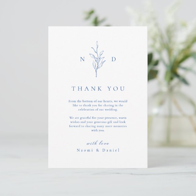 Blaue Hochzeit mit botanischen Blätter Dankeskarte (Stehend Vorderseite)