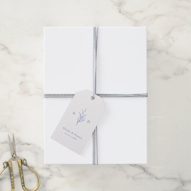 Blaue Hochzeit mit botanischen Blätter Geschenkanhänger (Mit Garn)