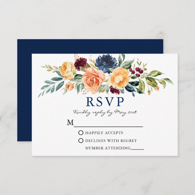 Blaue Hochzeit mit gemischten Blumen RSVP Karte (Vorne/Hinten)