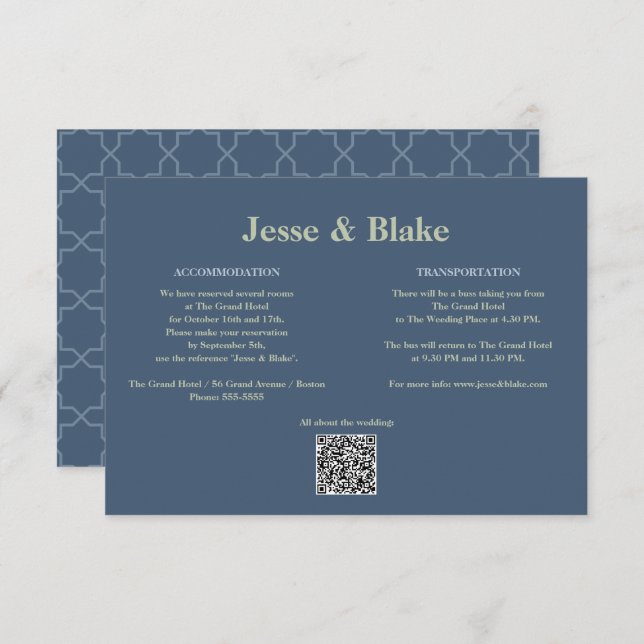 Blaue Hochzeit mit Latticework-Muster Begleitkarte (Vorne/Hinten)