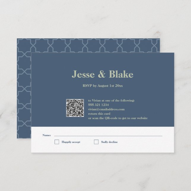 Blaue Hochzeit mit Latticework-Muster RSVP Karte (Vorne/Hinten)