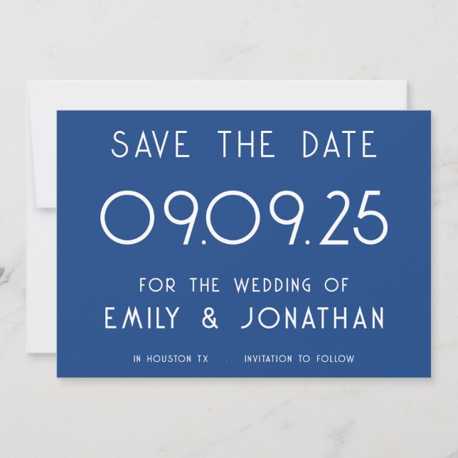 Blaue Hochzeit mit moderner weißer Typografie Save The Date (Vorderseite)