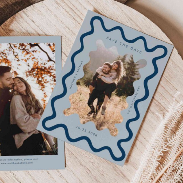 Blaue Hochzeit mit scharfen Wavy-Rahmen Save The Date (Von Creator hochgeladen)