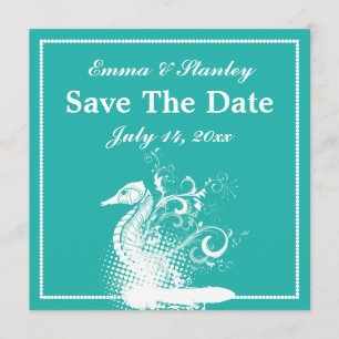 Blaue Hochzeit mit weißem Seepferd Save The Date