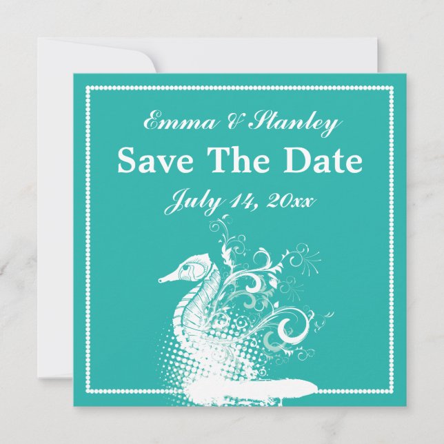 Blaue Hochzeit mit weißem Seepferd Save The Date (Vorderseite)