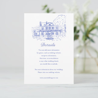 Blaue Hochzeits-Details-Karte im Kolonialstil-Haus RSVP Karte
