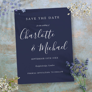 Blaue Hochzeits-Save-the-Date-Karte mit Unterschri Postkarte