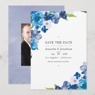 Blaue Hochzeitsfotos mit floralen Nuancen Save The Date