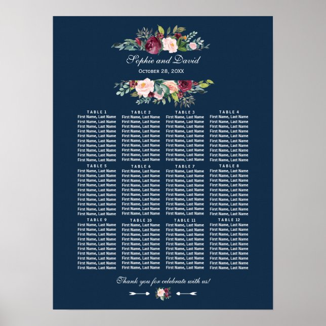 Blaue Hochzeitstabelle für Burgundy-Floral Navy Poster (Vorne)