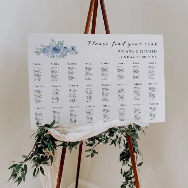 Blaue Hochzeitstabelle Poster (Blue Wedding Seating Chart Template)
