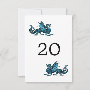 Blaue Hochzeitstischkarte mit Drachen Einladung