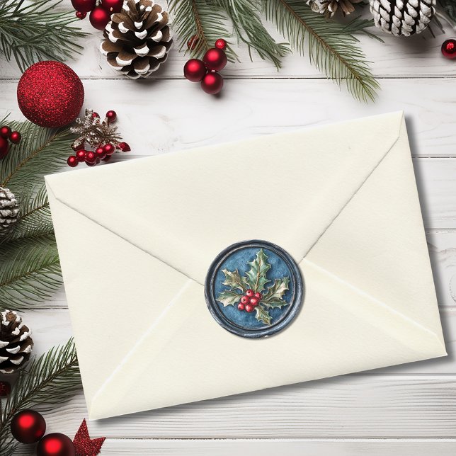 Blaue Holly-Christmas-Faux-Wachs Runder Aufkleber (Blue Holly Christmas Faux Wax Classic Round Sticker)