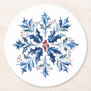 Blaue Holly-Schneeflocke Nordic Weihnachten Runder Pappuntersetzer