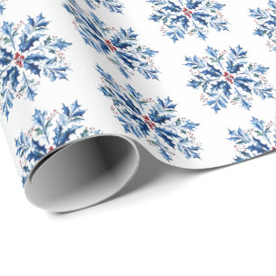 Blaue Holly-Schneeflocke Nordisches Weihnachten Geschenkpapier