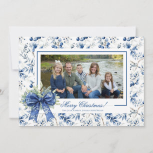 Blaue Holly-Toile-Weihnachtsfotokarte Feiertagskarte