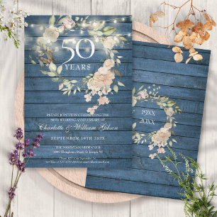 Blaue Holz-Lichterkette Blumen 50. Hochzeitstag Einladung