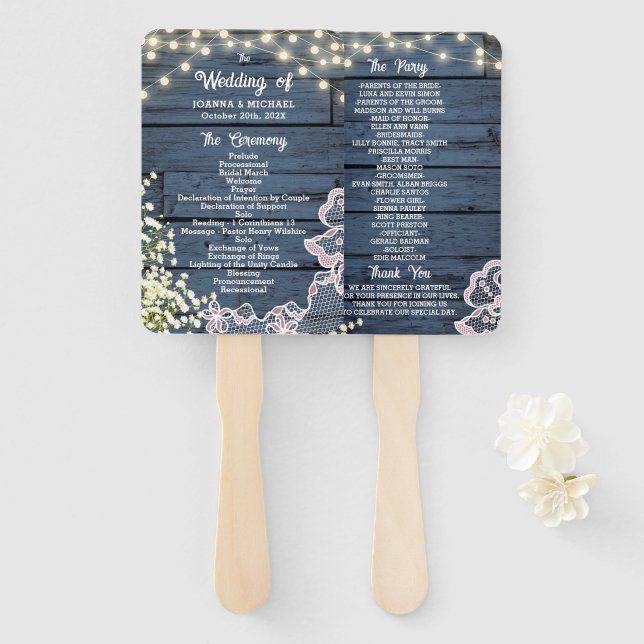 Blaue Holz-Lichterketten & Spitze Hochzeitsprogram Fächer (Vorne und Hinten)