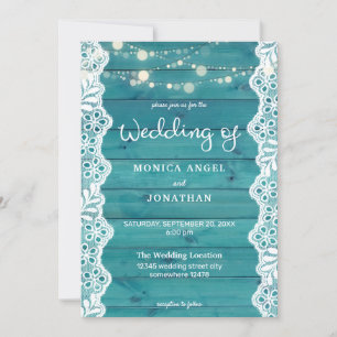 Blaue Holz- & Spitzen- & Lichterketten-Hochzeit Einladung