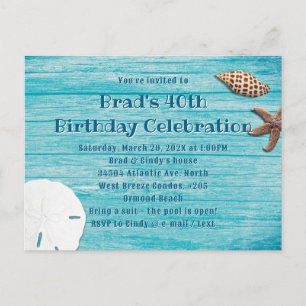 Blaue Holz-Strand-Schalen-Party-Einladungskarte Postkarte