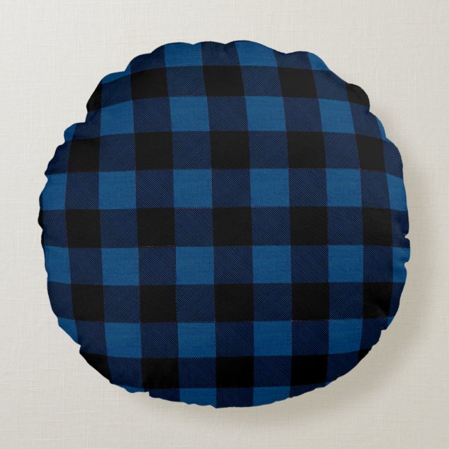 Blaue Holzfäller-Karo Rundes Kissen (Vorderseite)
