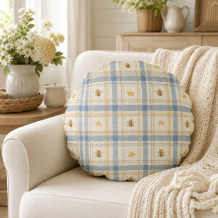 Blaue Honigwiese Cottage Karo Biene Rundes Kissen