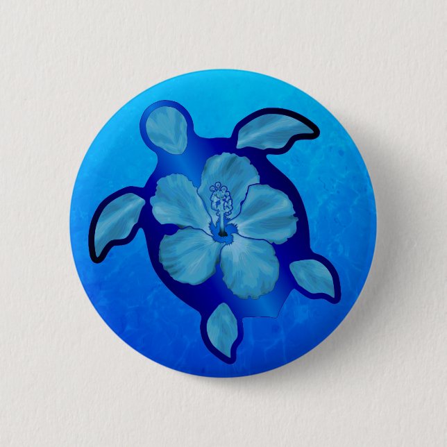 Blaue Honu Schildkröte und Hibiskus Button (Vorderseite)