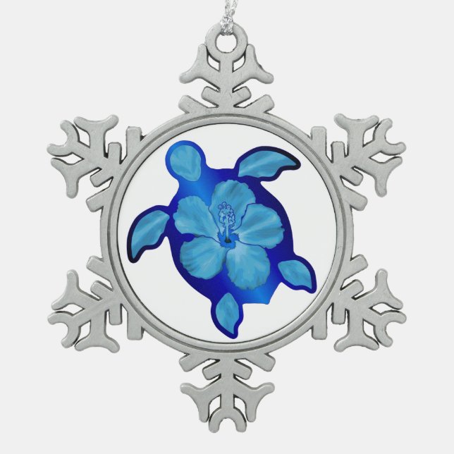 Blaue Honu Schildkröte und Hibiskus Schneeflocken Zinn-Ornament (Vorderseite)