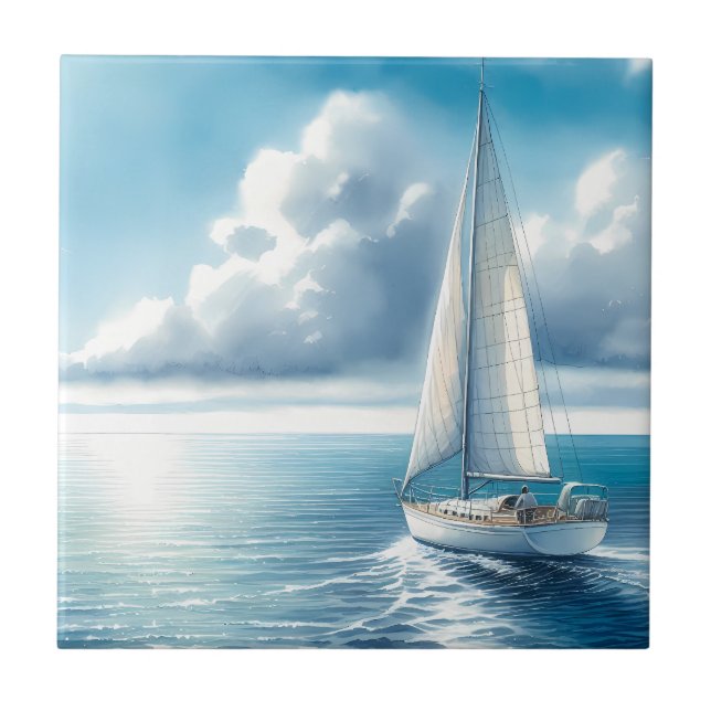 Blaue Horizont-Segelyacht Fliese (Vorderseite)