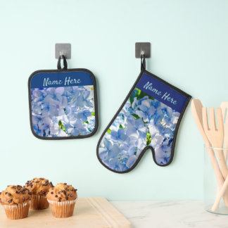 Blaue Hortensie mit individuellem Namen und Adress Ofenhandschuh & Topflappen-Set