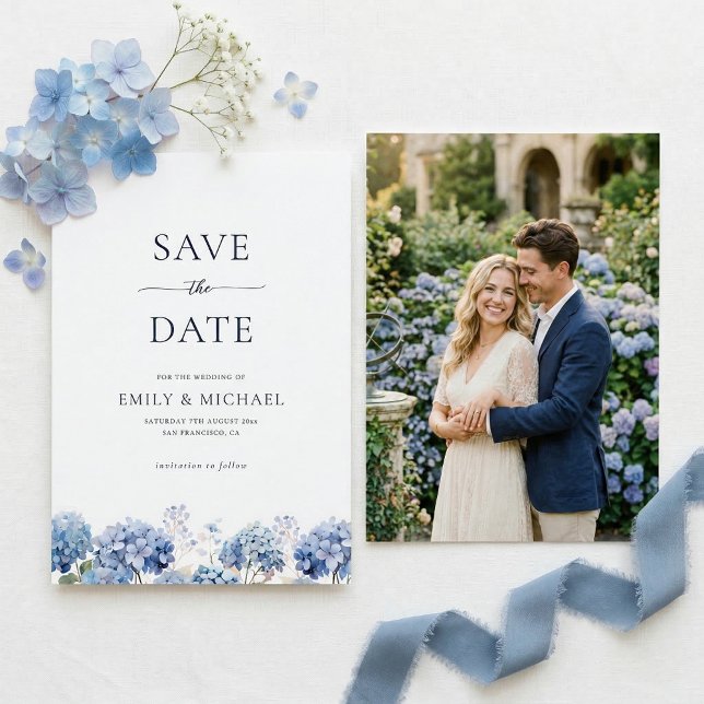 Blaue Hortensie Save The Date Mit Foto Flachkarte (Von Creator hochgeladen)