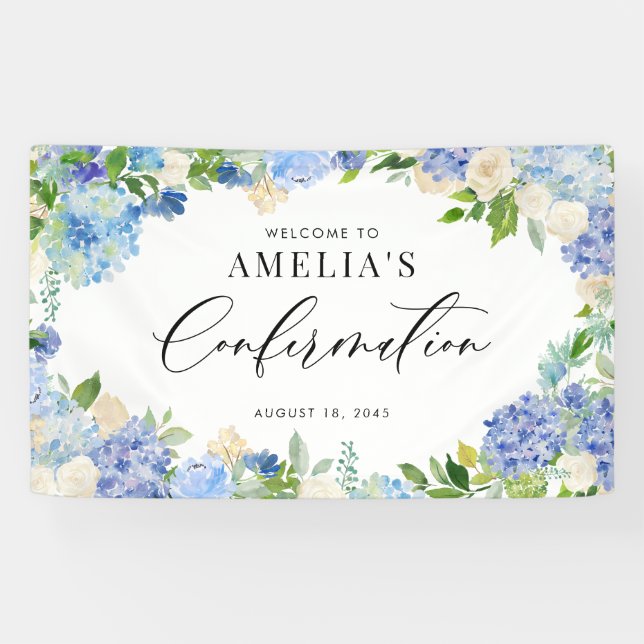 Blaue Hortensie und Elfenbein-Rose Konfirmation Banner (Horizontal)