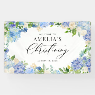 Blaue Hortensie und Elfenbein-Rosen-Taufe Banner
