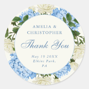 Blaue Hortensie Weiße Rose Hochzeit Danke Runder Aufkleber