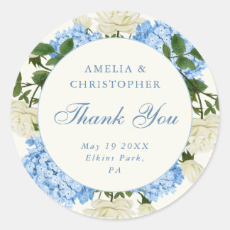 Blaue Hortensie Weiße Rose Hochzeit Danke Runder Aufkleber
