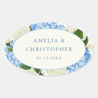 Blaue Hortensie Weiße Rose Klassische Hochzeit Ovaler Aufkleber