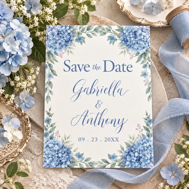 Blaue Hortensien Aquarell Floralschrift Save The Date (Von Creator hochgeladen)