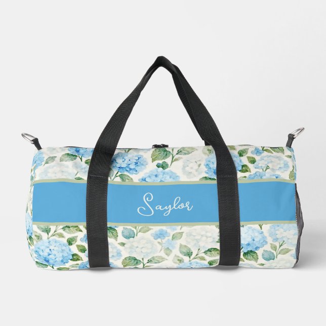 Blaue Hortensien-Aquarell-Name Duffle Bag (Vorderseite)