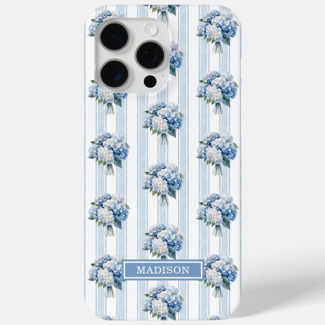 Blaue Hortensien auf Streifen Case-Mate iPhone Hülle (Rückseite)