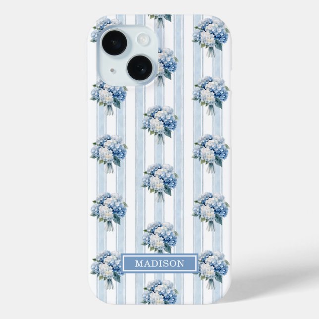 Blaue Hortensien auf Streifen Case-Mate iPhone Hülle (Rückseite)