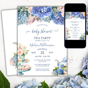 Blaue Hortensien-Baby-Shower-Teeparty Einladung