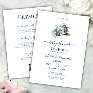 Blaue Hortensien-Baby-Shower-Teeparty QR-Code Einladung